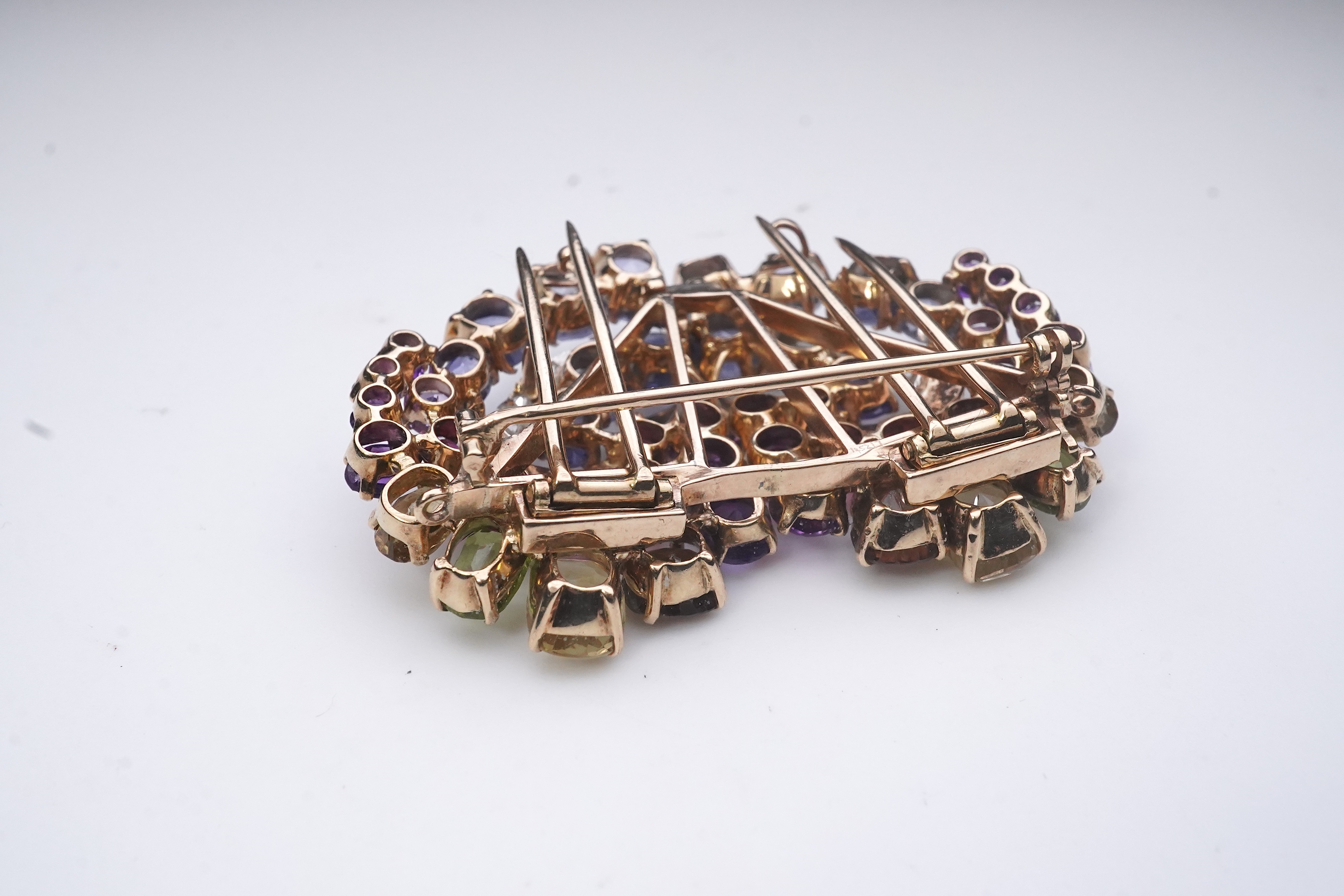 A Retro sapphire and multi-gem double clip brooch, circa 1940